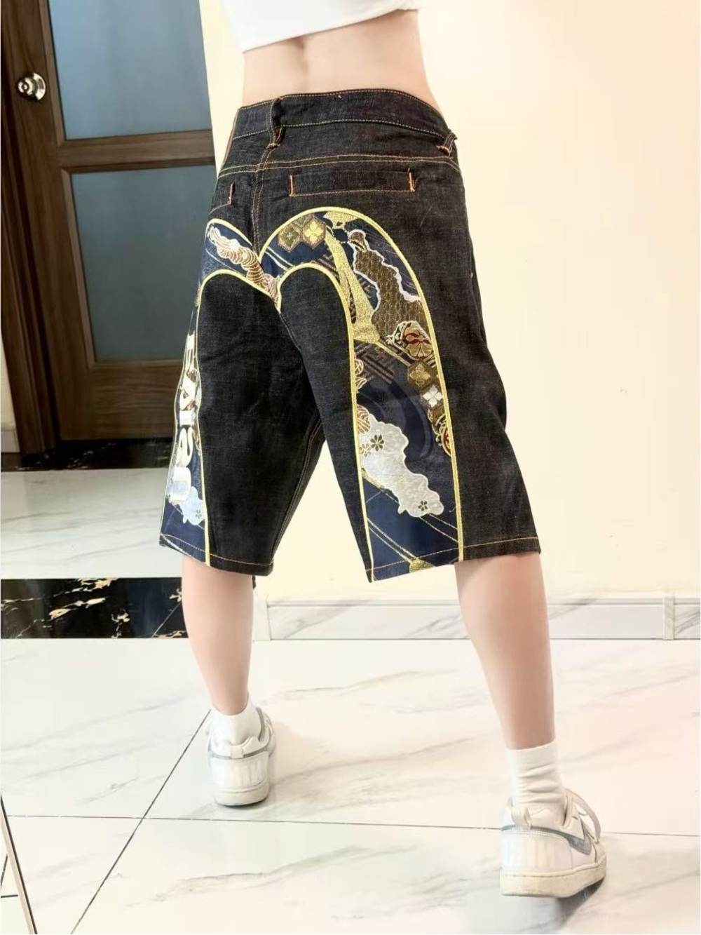 Evisu Black Denim Embroidered Shorts with Yellow Accents